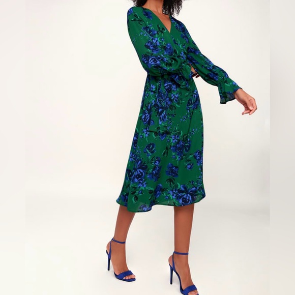 Lulus Romantic Blooms Green Floral Print Midi Wrap Dress - Picture 2 of 9